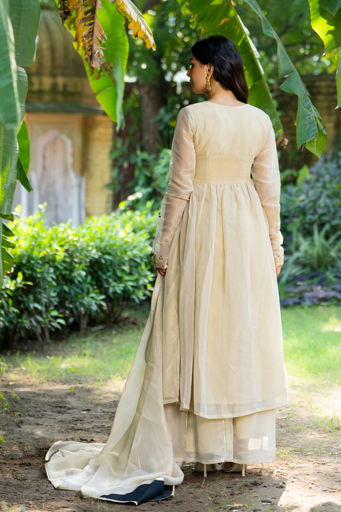 <img> Pastel Cream Tissue Solid Anarkali Set
