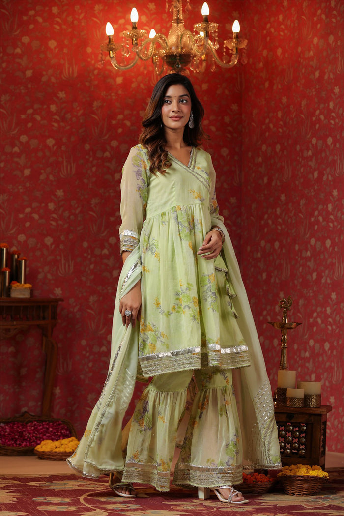 <img> Pastel Green Chiffon Floral Printed Gharara Set