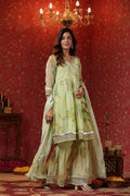 <img> Pastel Green Chiffon Floral Printed Gharara Set