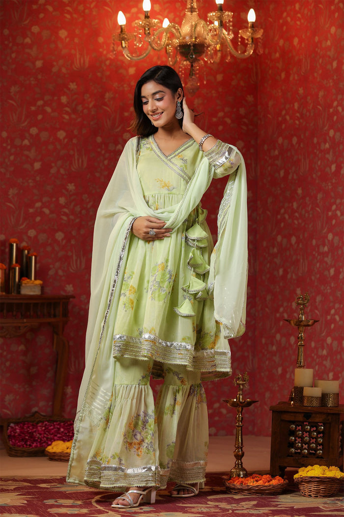 <img> Pastel Green Chiffon Floral Printed Gharara Set