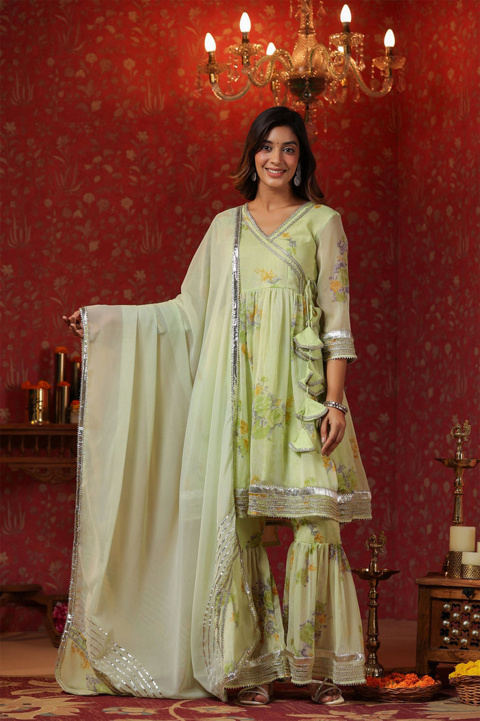 <img> Pastel Green Chiffon Floral Printed Gharara Set