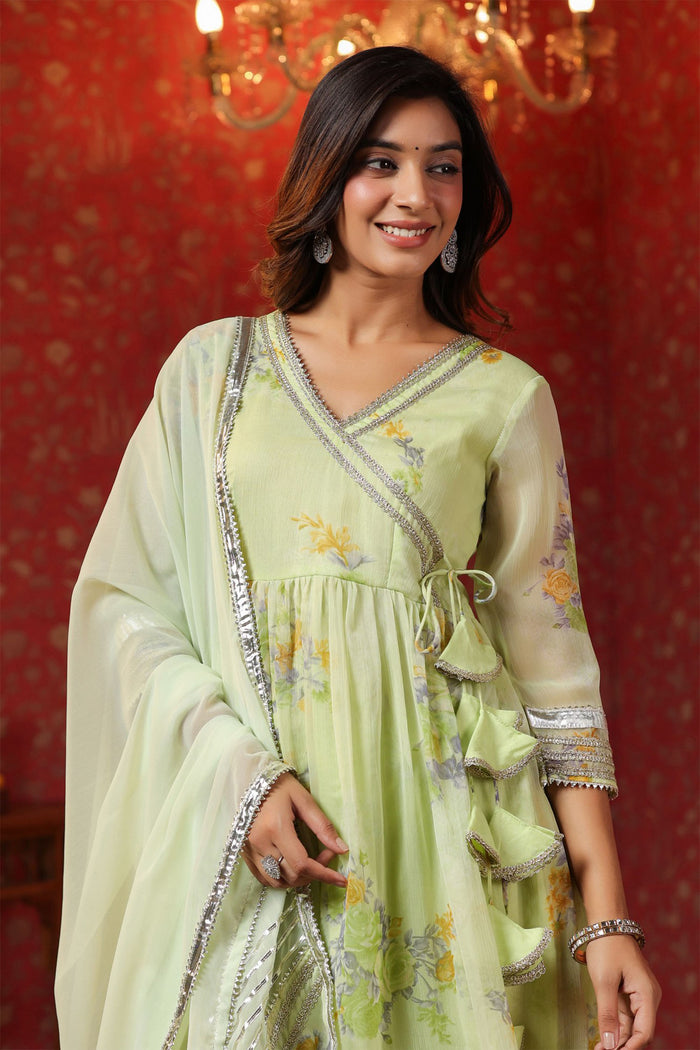<img> Pastel Green Chiffon Floral Printed Gharara Set