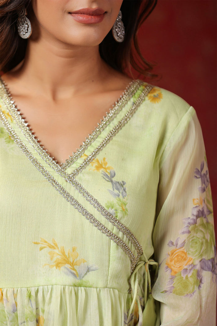 <img> Pastel Green Chiffon Floral Printed Gharara Set