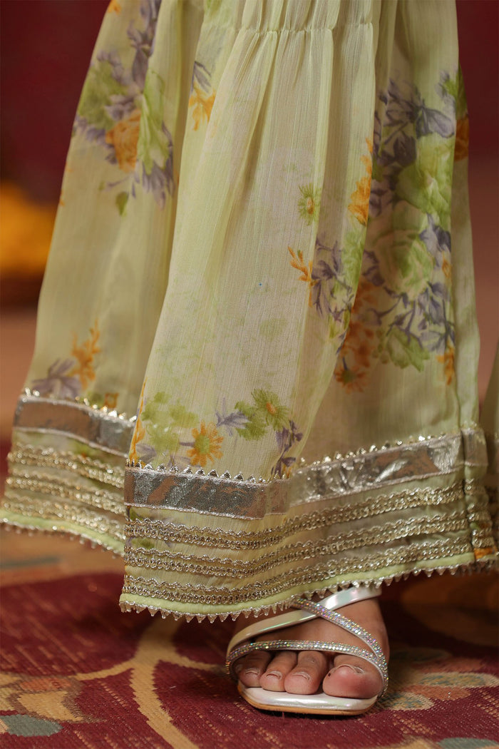 <img> Pastel Green Chiffon Floral Printed Gharara Set