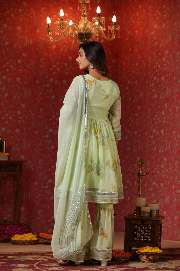 <img> Pastel Green Chiffon Floral Printed Gharara Set