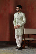 Pastel Green Cotton Blend Embroidered Sherwani Set