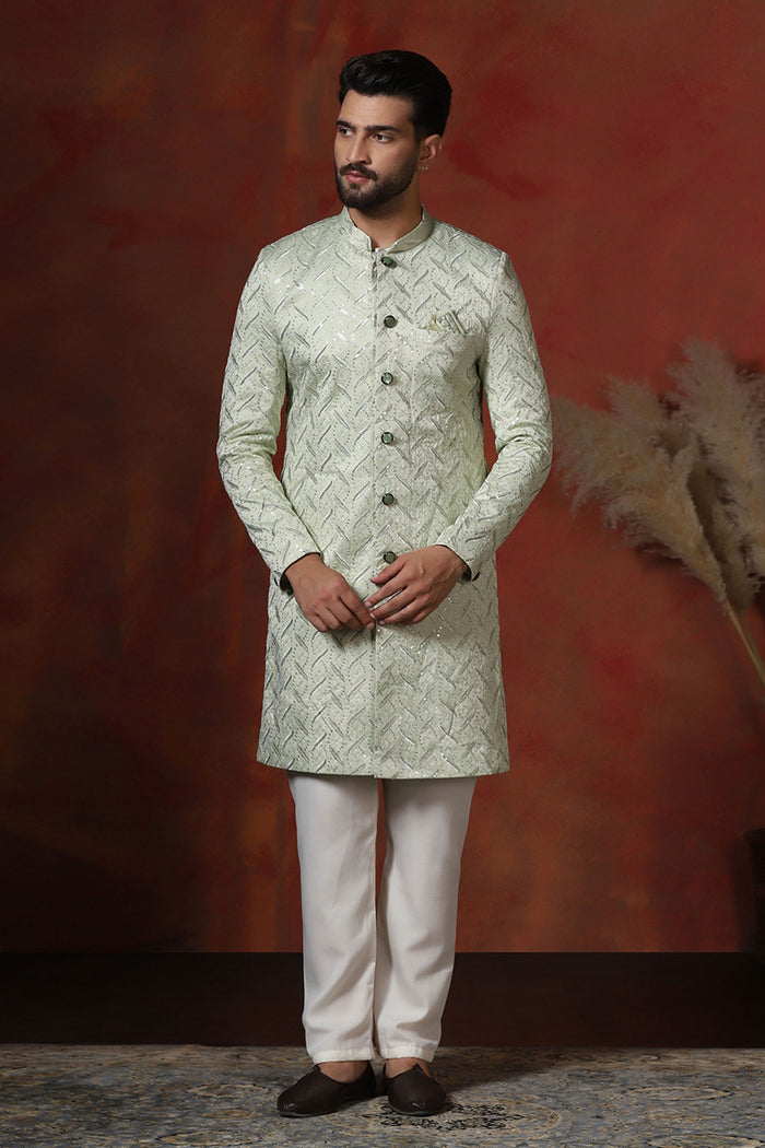 Pastel Green Cotton Blend Embroidered Sherwani Set