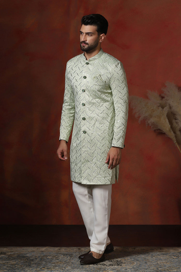 Pastel Green Cotton Blend Embroidered Sherwani Set