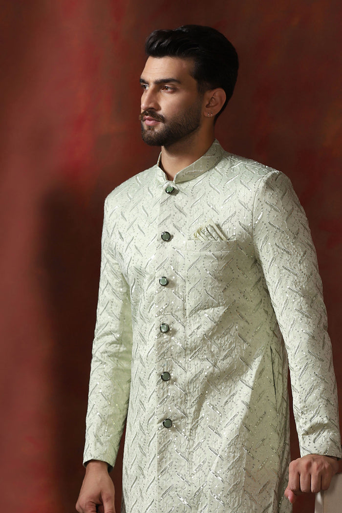 Pastel Green Cotton Blend Embroidered Sherwani Set