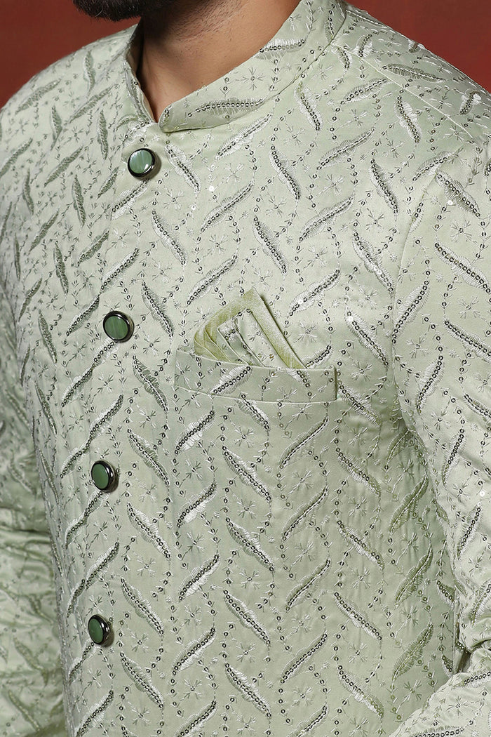 Pastel Green Cotton Blend Embroidered Sherwani Set