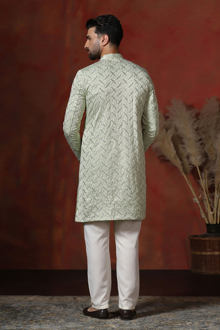 Pastel Green Cotton Blend Embroidered Sherwani Set