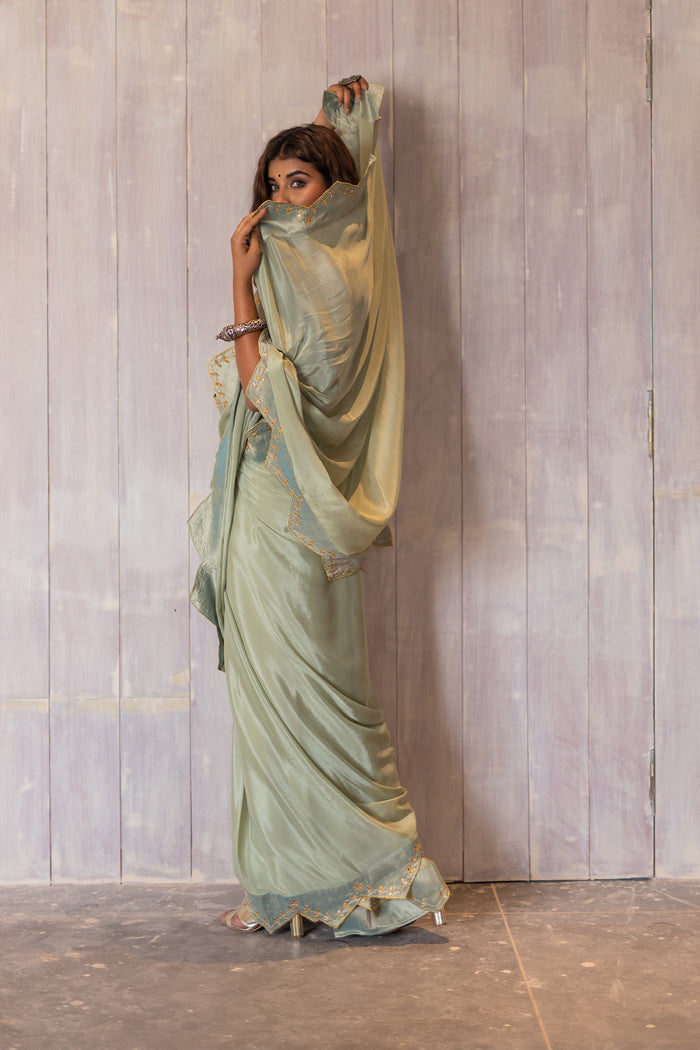 Pastel Green Gota Patti Chinon Saree