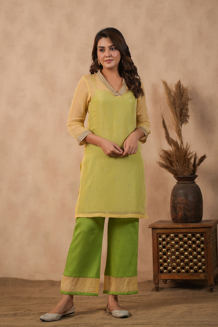 <img> Pastel Green Organza Subtle Embroidered Kurti Set