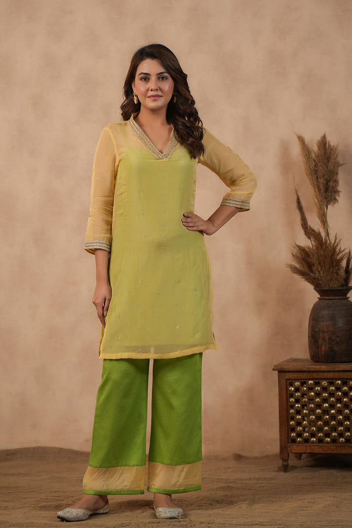 <img> Pastel Green Organza Subtle Embroidered Kurti Set