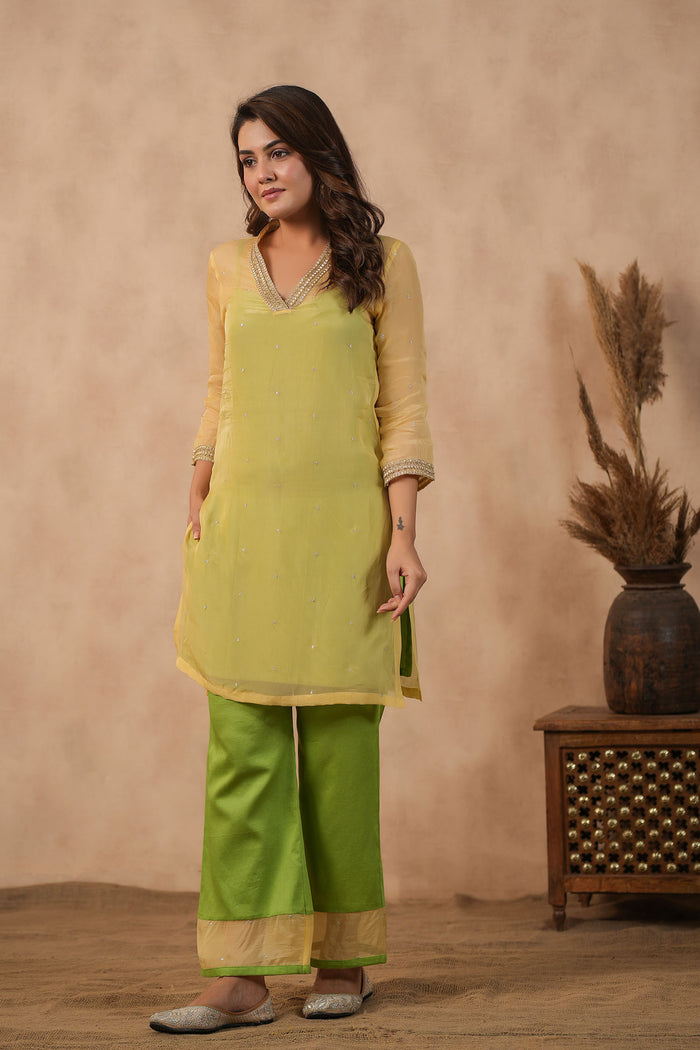 <img> Pastel Green Organza Subtle Embroidered Kurti Set