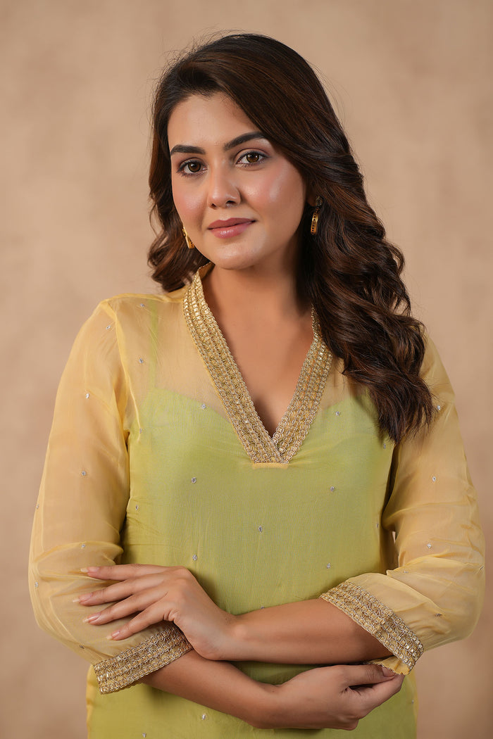 <img> Pastel Green Organza Subtle Embroidered Kurti Set