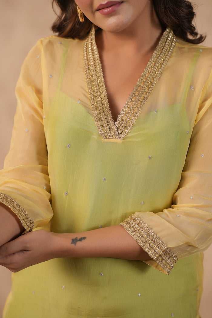 <img> Pastel Green Organza Subtle Embroidered Kurti Set