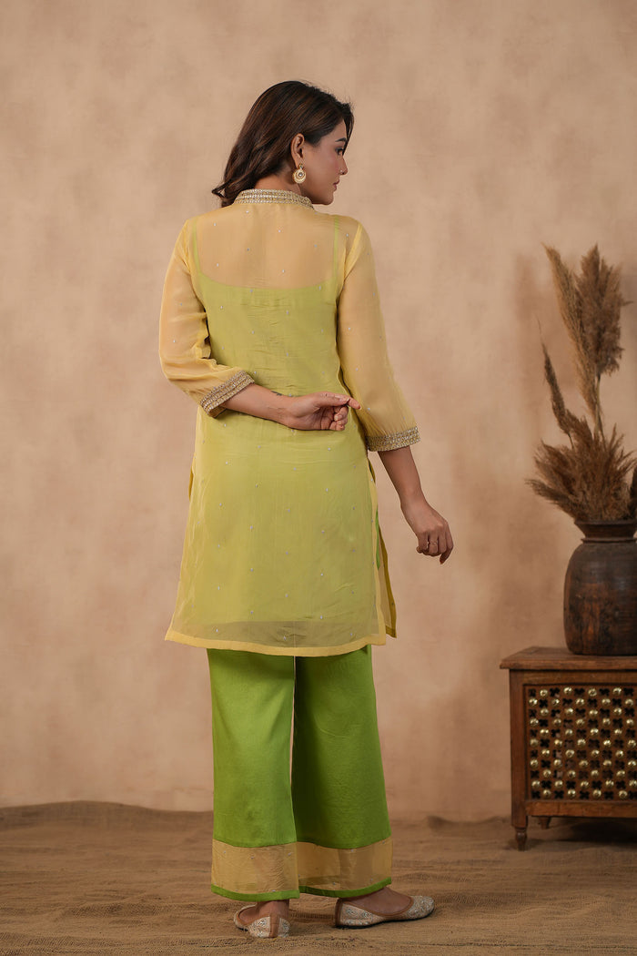 <img> Pastel Green Organza Subtle Embroidered Kurti Set