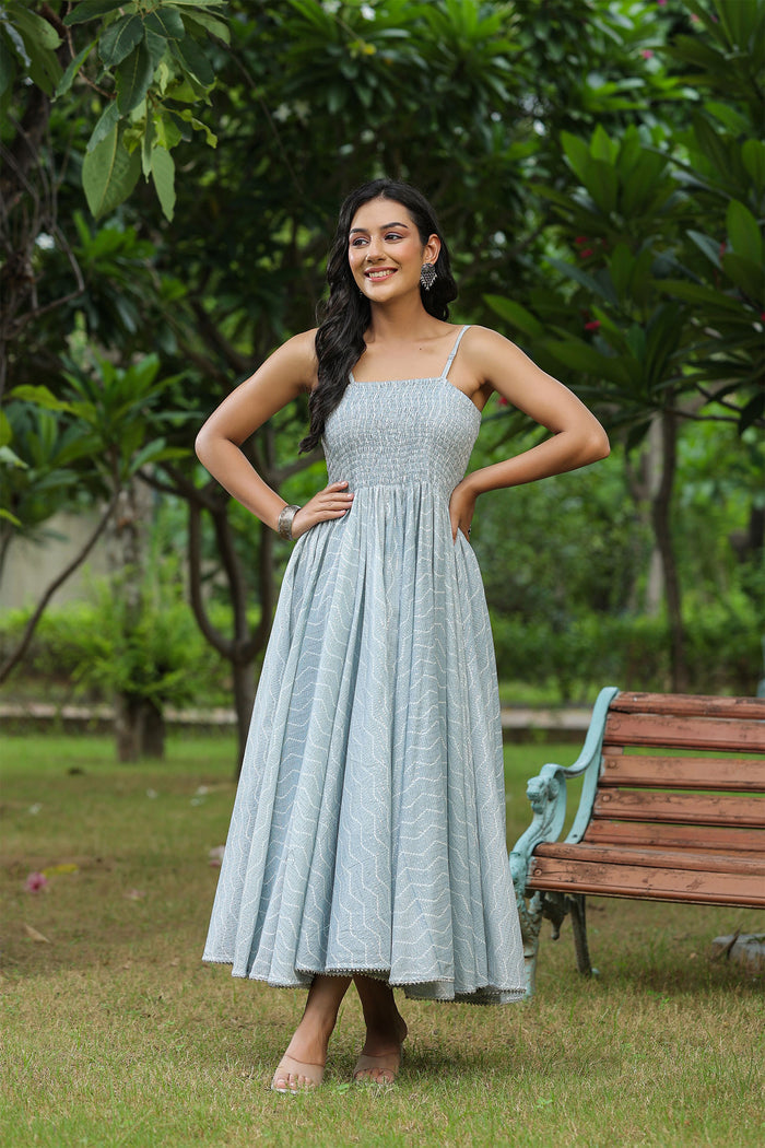 Pastel Grey Cotton Printed Gown Set