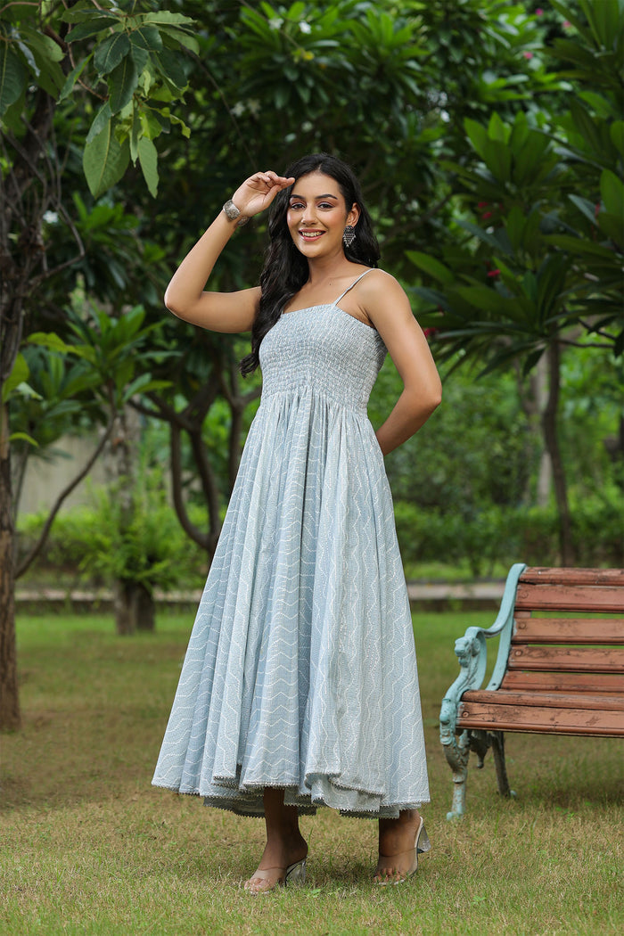 Pastel Grey Cotton Printed Gown Set