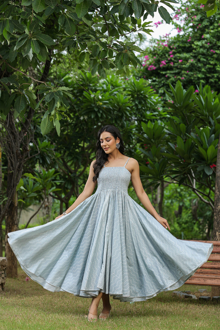 Pastel Grey Cotton Printed Gown Set