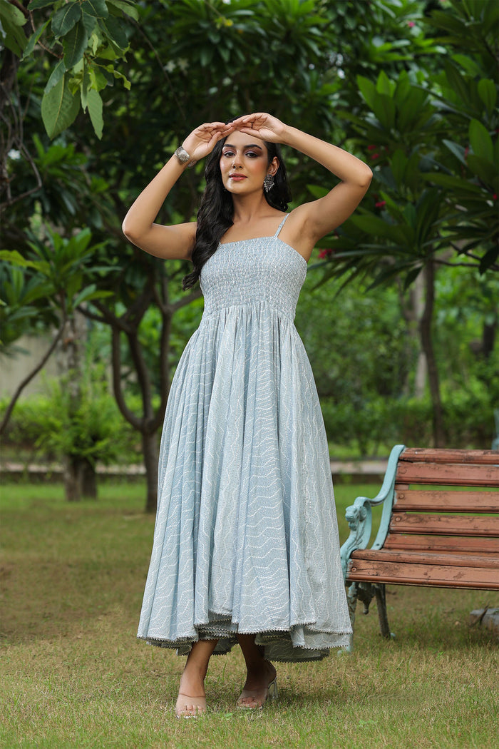 Pastel Grey Cotton Printed Gown Set