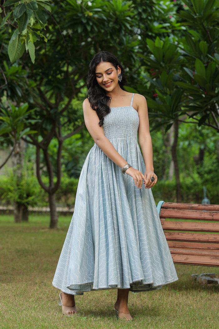 Pastel Grey Cotton Printed Gown Set