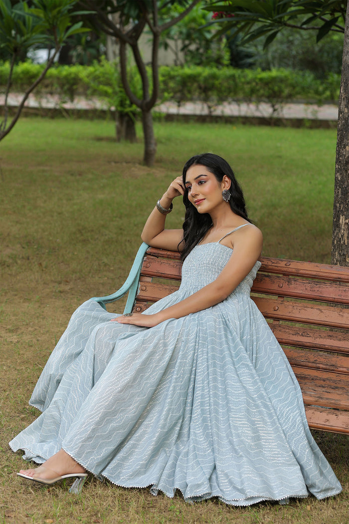 Pastel Grey Cotton Printed Gown Set
