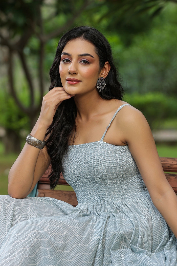 Pastel Grey Cotton Printed Gown Set