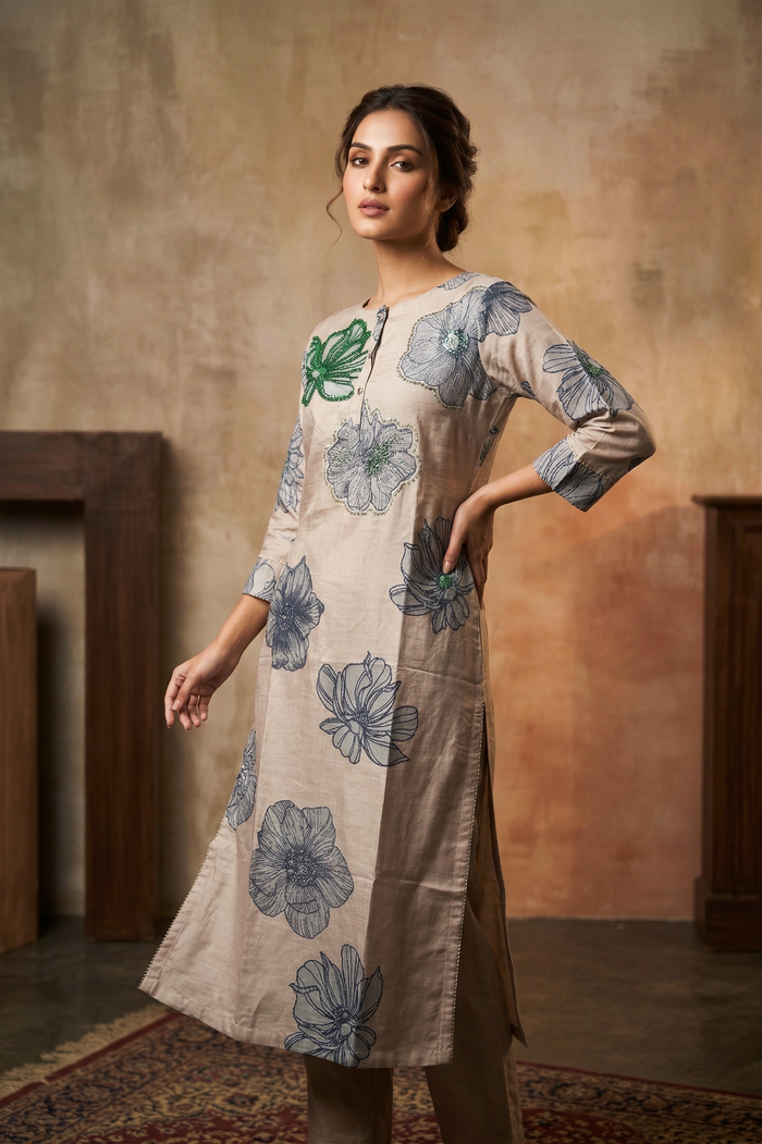 Pastel Grey Dupion Silk Printed Floral Kurti