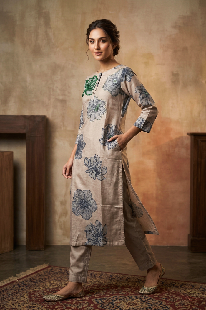 Pastel Grey Dupion Silk Printed Floral Kurti