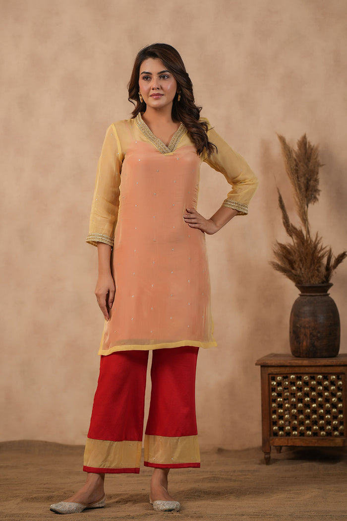 <img> Pastel Orange Organza Subtle Embroidered Kurti Set