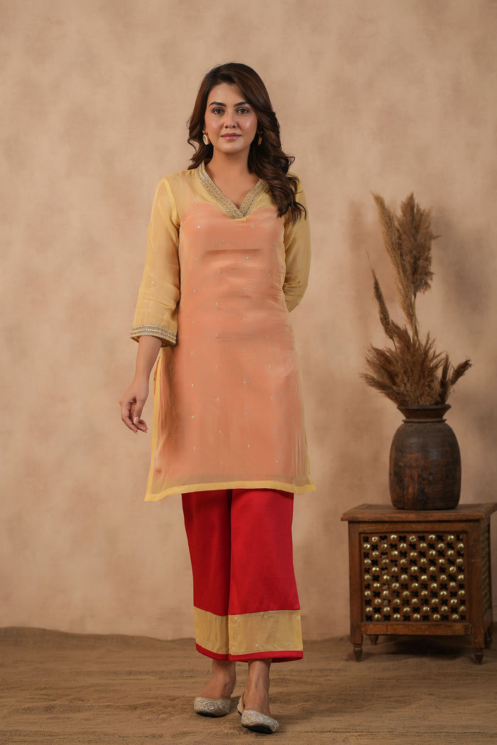 <img> Pastel Orange Organza Subtle Embroidered Kurti Set