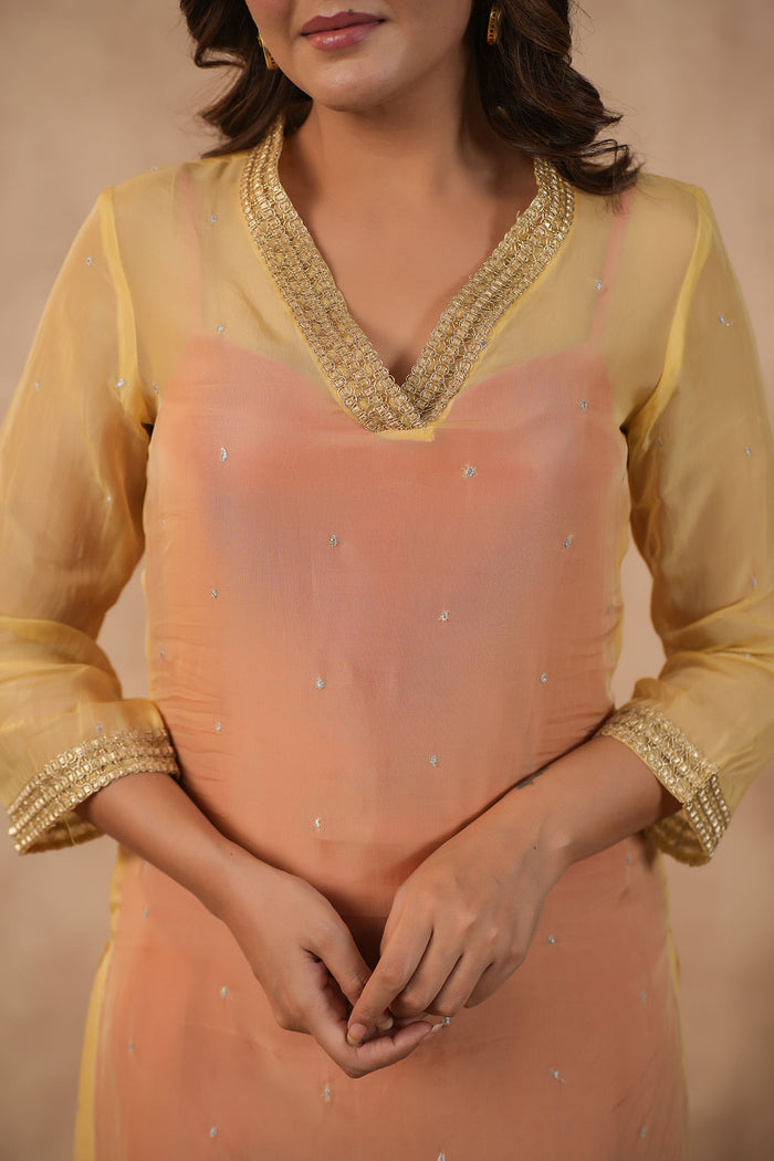 <img> Pastel Orange Organza Subtle Embroidered Kurti Set