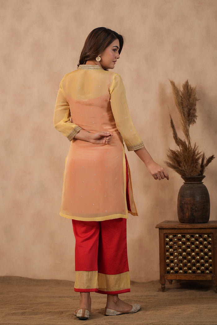<img> Pastel Orange Organza Subtle Embroidered Kurti Set