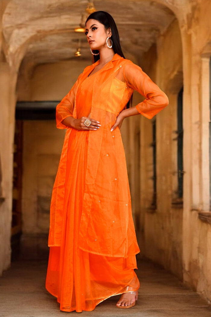 <img> Pastel Orange Saree Set With Organza Jacket