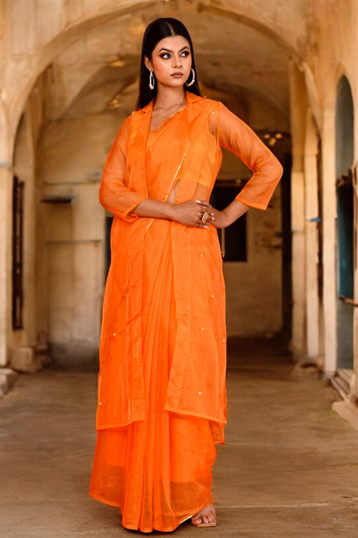 <img> Pastel Orange Saree Set With Organza Jacket