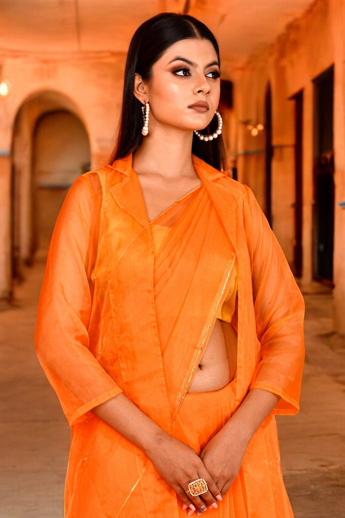 <img> Pastel Orange Saree Set With Organza Jacket