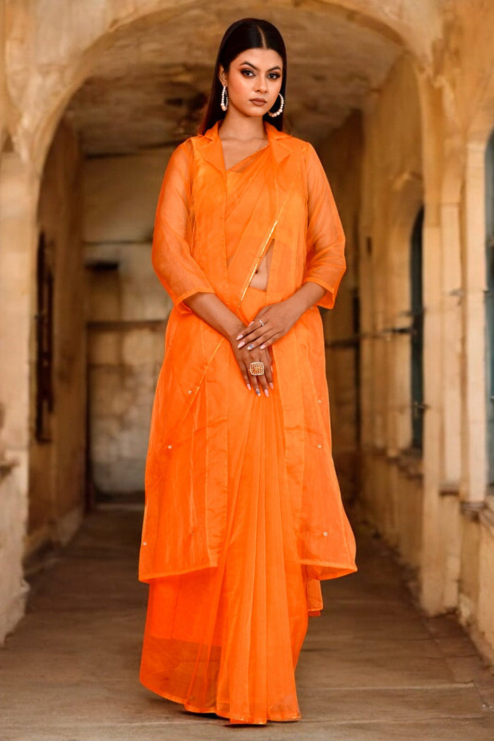 <img> Pastel Orange Saree Set With Organza Jacket