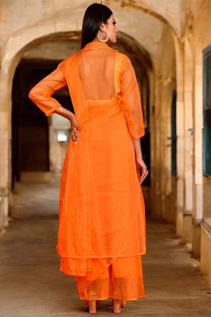 <img> Pastel Orange Saree Set With Organza Jacket