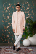 Pastel Peach Art Silk Sherwani Set