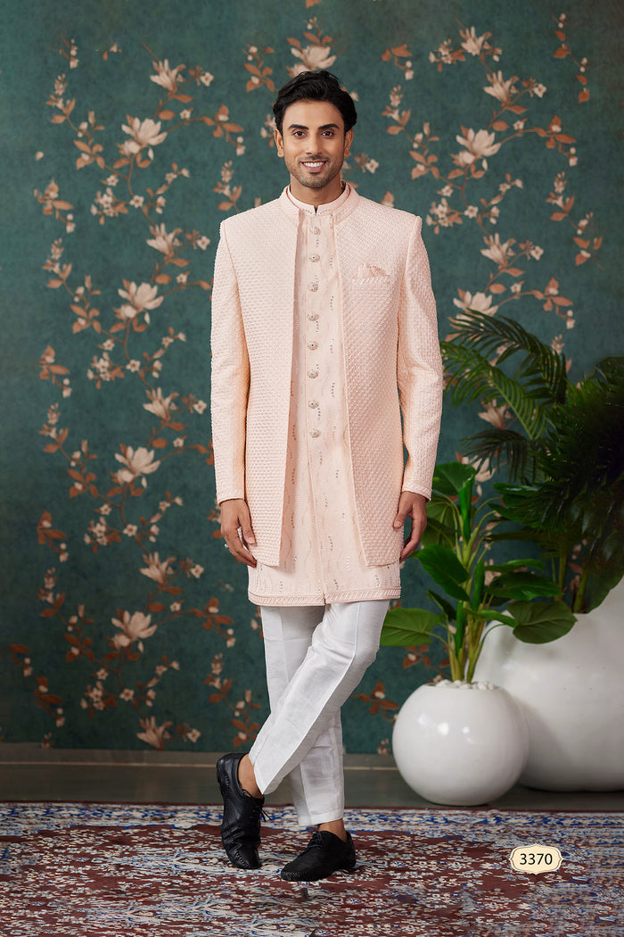 Pastel Peach Art Silk Sherwani Set