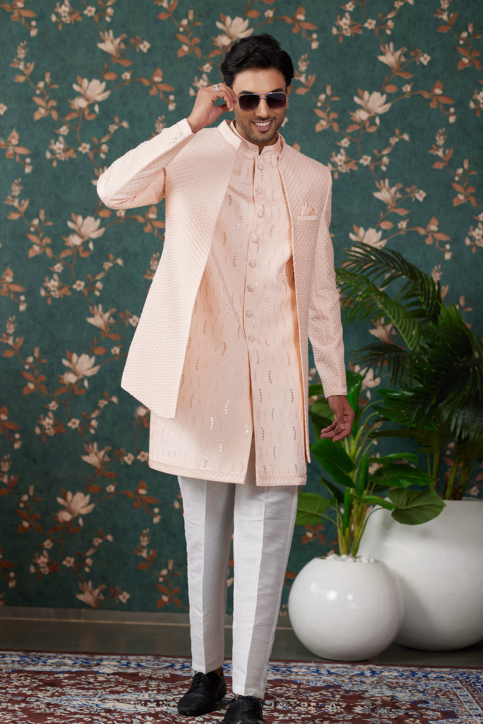 Pastel Peach Art Silk Sherwani Set