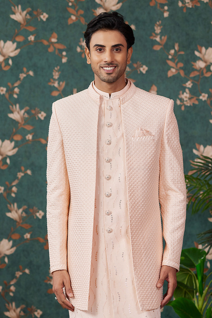 Pastel Peach Art Silk Sherwani Set