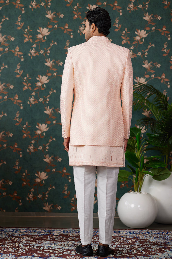 Pastel Peach Art Silk Sherwani Set