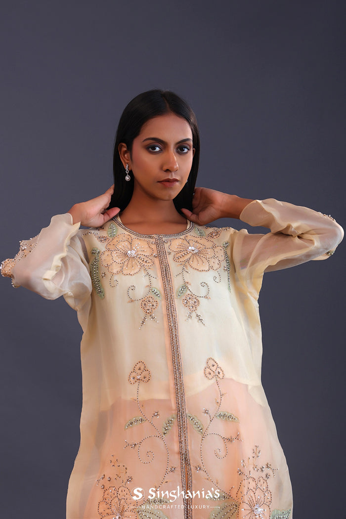 Pastel Peach Organza Cutdana Work Indo-Western Set