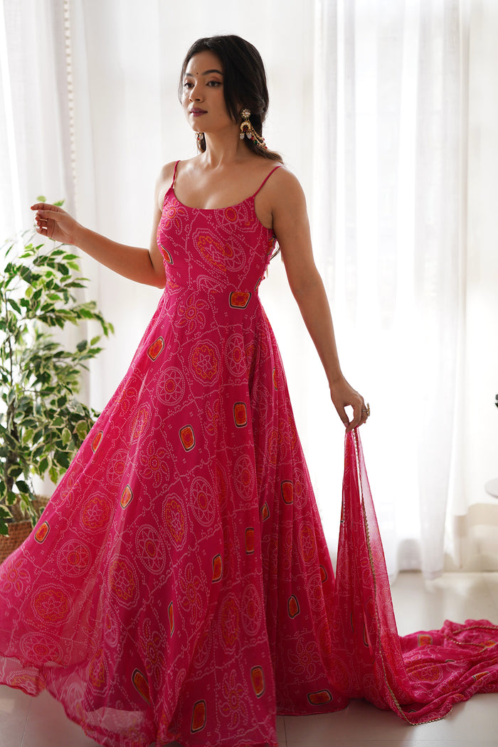 Pastel Pink Chiffon Bandhani Printed Traditional Gown