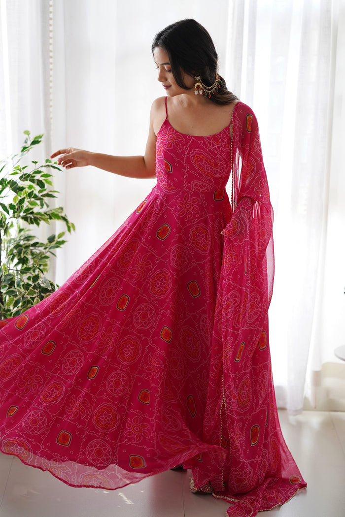Pastel Pink Chiffon Bandhani Printed Traditional Gown