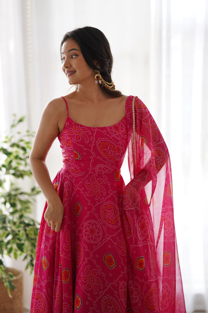 Pastel Pink Chiffon Bandhani Printed Traditional Gown