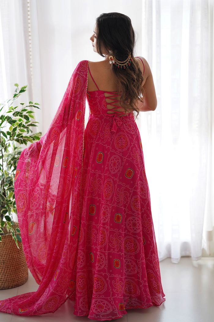 Pastel Pink Chiffon Bandhani Printed Traditional Gown